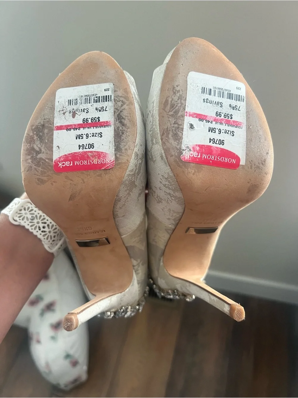 Badgley Mischka Ivory Brocade Jeweled Peep-Toe Pumps